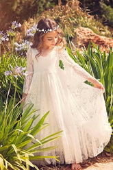 Long A-line Lace V-neck Floor Length Flower Girl Dress with Sleeves